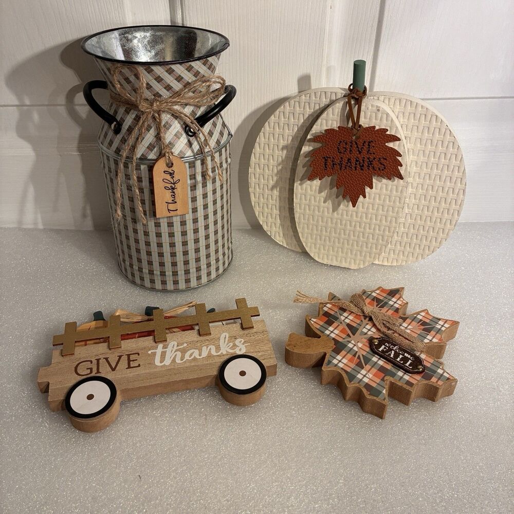 Fall 4 Piece Set white Pumpkin, Checkered Milk Can, Wagon W/ Pumpkins, Leaf.